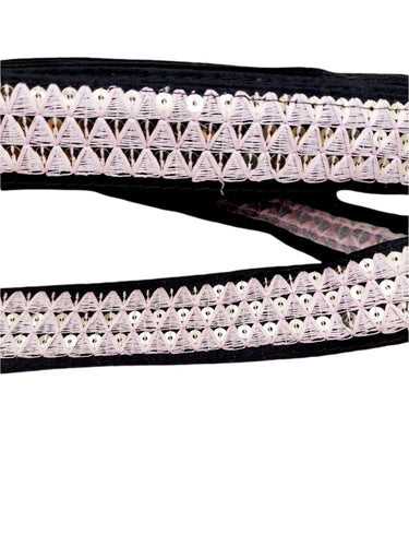 Black Cotton Fabric Lace Trim with Pink Thread and Gold Sequins Embroidery, Decorative Trim, Bohemian Trim